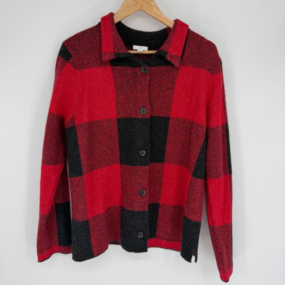 J.Jill Jacket Red Black Buffalo Plaid Wool Blend Rustic Fall Country Medium